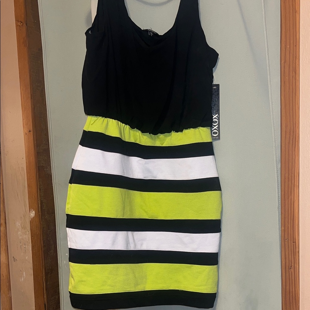 XOXO Black and Lime Striped Mini Dress